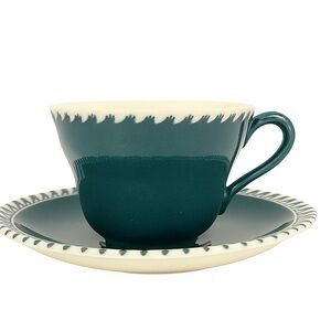 Vintage 1950s Harkerware Corinthian Cup & Saucer Teal Green White Gadroon Edge